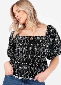 Tops>Lovedrobe Black Broderie Square Neck Short Puff Sleeve