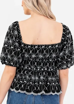 Tops>Lovedrobe Black Broderie Square Neck Short Puff Sleeve