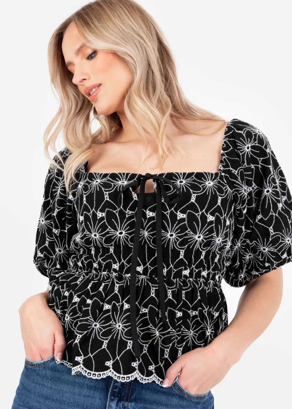 Tops>Lovedrobe Black Broderie Square Neck Short Puff Sleeve