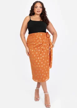 Skirts>Lovedrobe Metallic Detail Orange Functional Wrap Midi Skirt