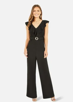 Jumpsuits & Playsuits>Mela Black Jumpsuit With Gold Buckle and Frill Detail