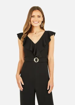 Jumpsuits & Playsuits>Mela Black Jumpsuit With Gold Buckle and Frill Detail
