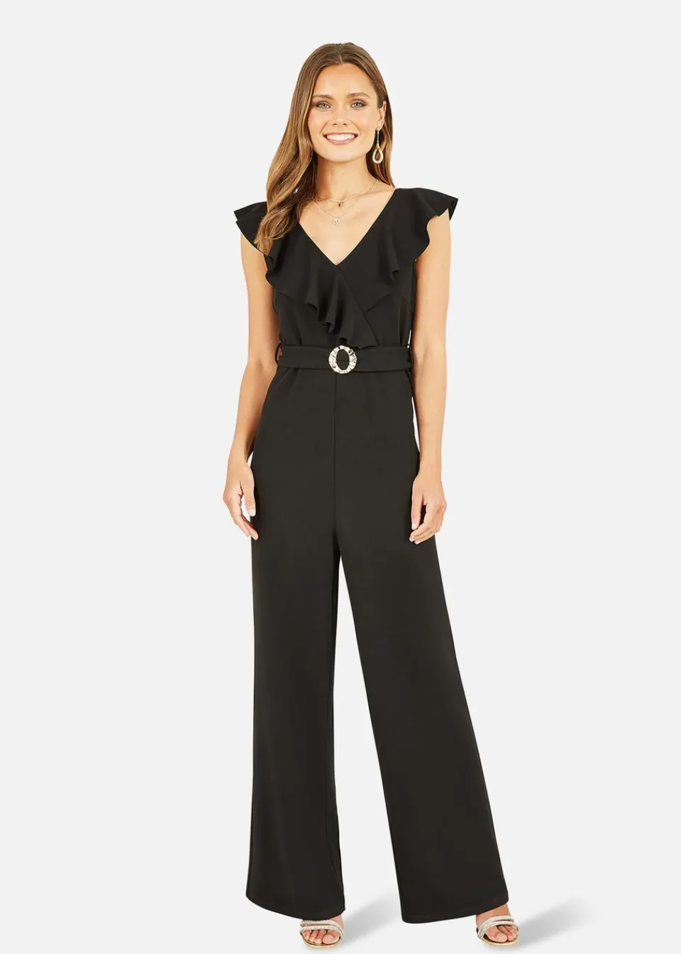 Jumpsuits & Playsuits>Mela Black Jumpsuit With Gold Buckle and Frill Detail