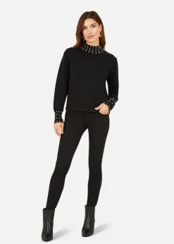 Tops>Mela Black Pearl Detail High Neck Jumper