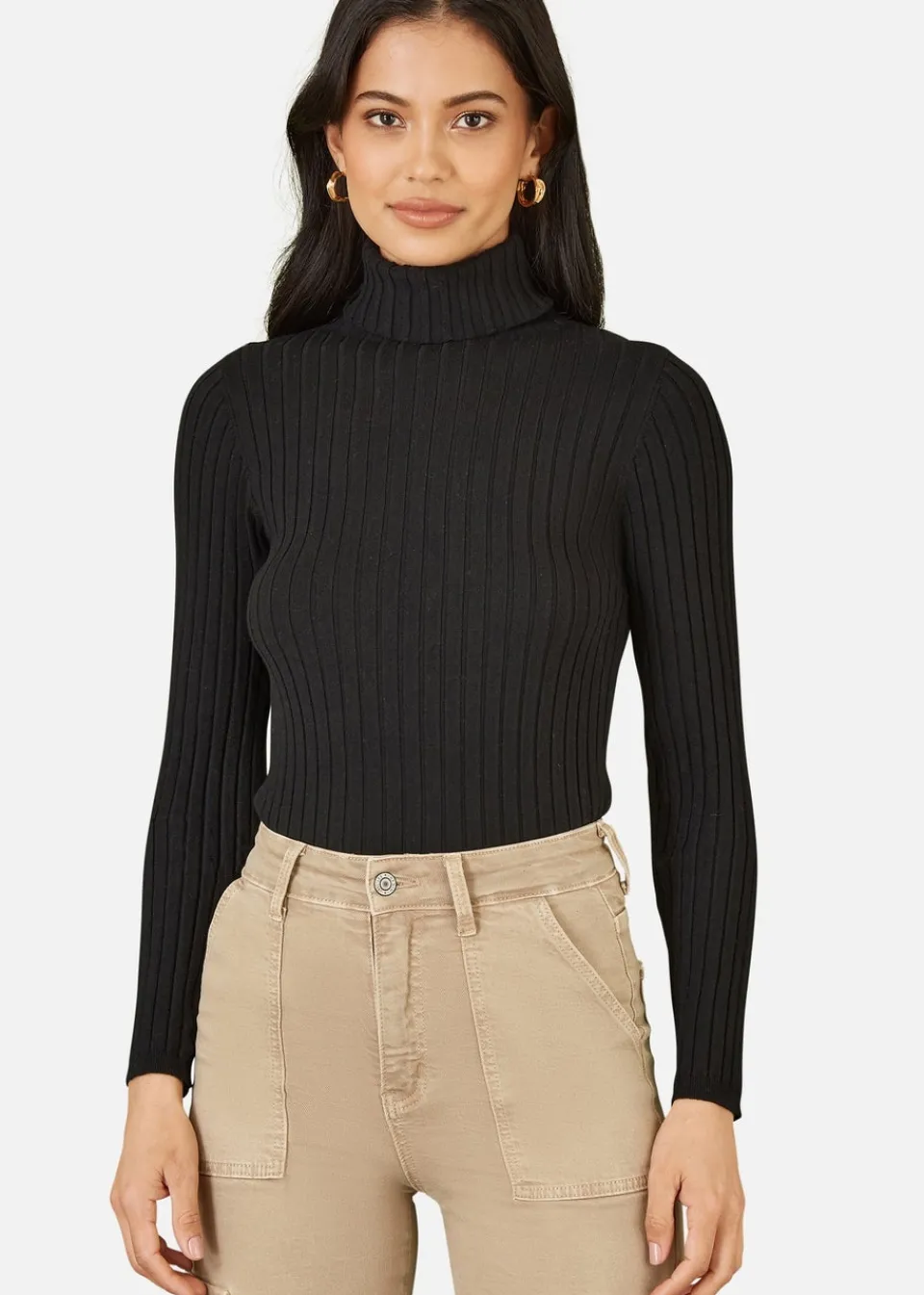 Tops>Mela Ribbed Knit Roll Neck Jumper Black