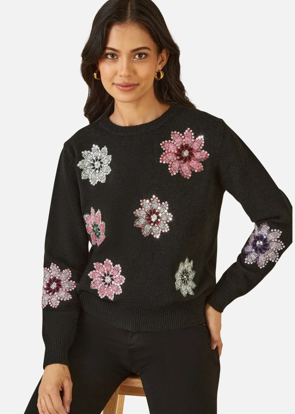 Tops>Mela Black Sequin Flower Jumper