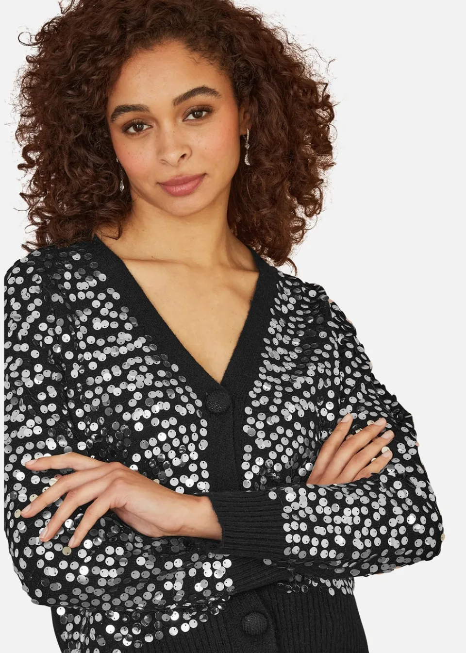 Tops>Mela Black Sequin Knitted Cardigan