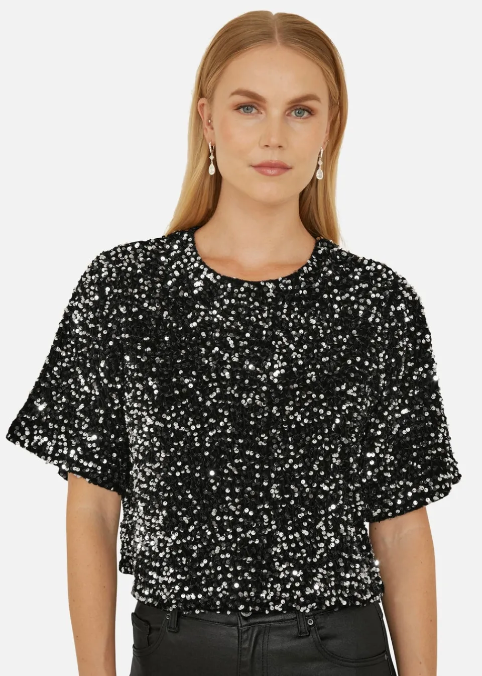 Tops>Mela Black Sequin Relaxed Fit Top