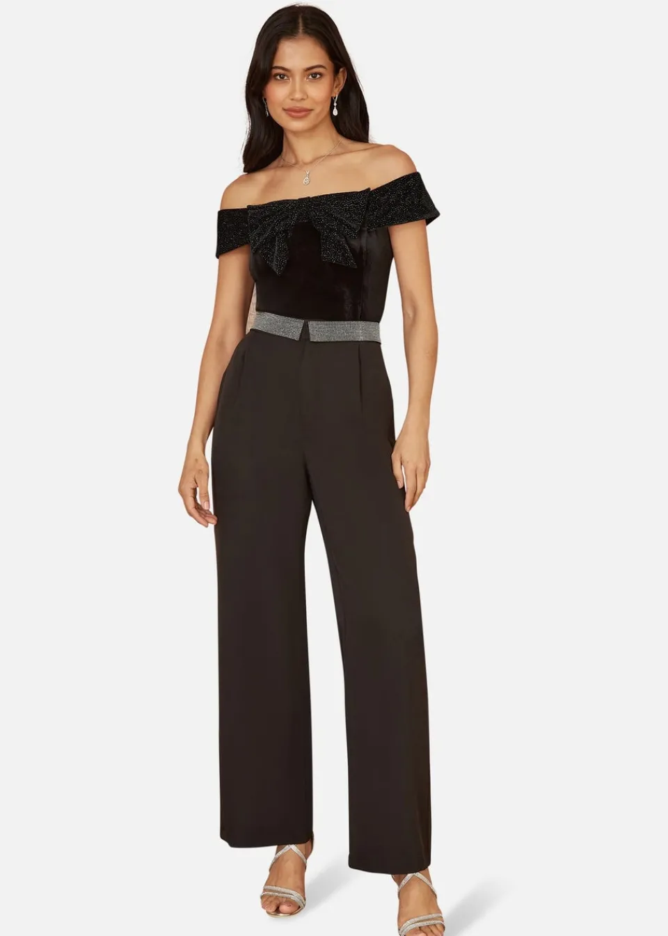 Tops>Mela Black Sparkle Velvet Bow Bardot Top