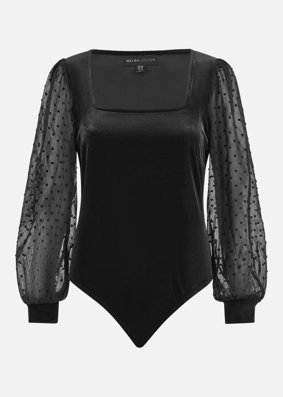 Tops>Mela Black Velvet Bodysuit With Sheer Sleeves And Square Neckline
