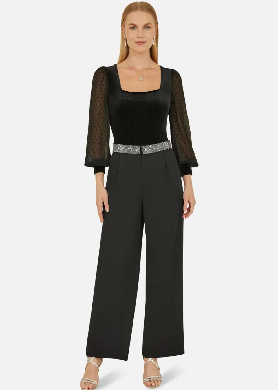 Tops>Mela Black Velvet Bodysuit With Sheer Sleeves And Square Neckline