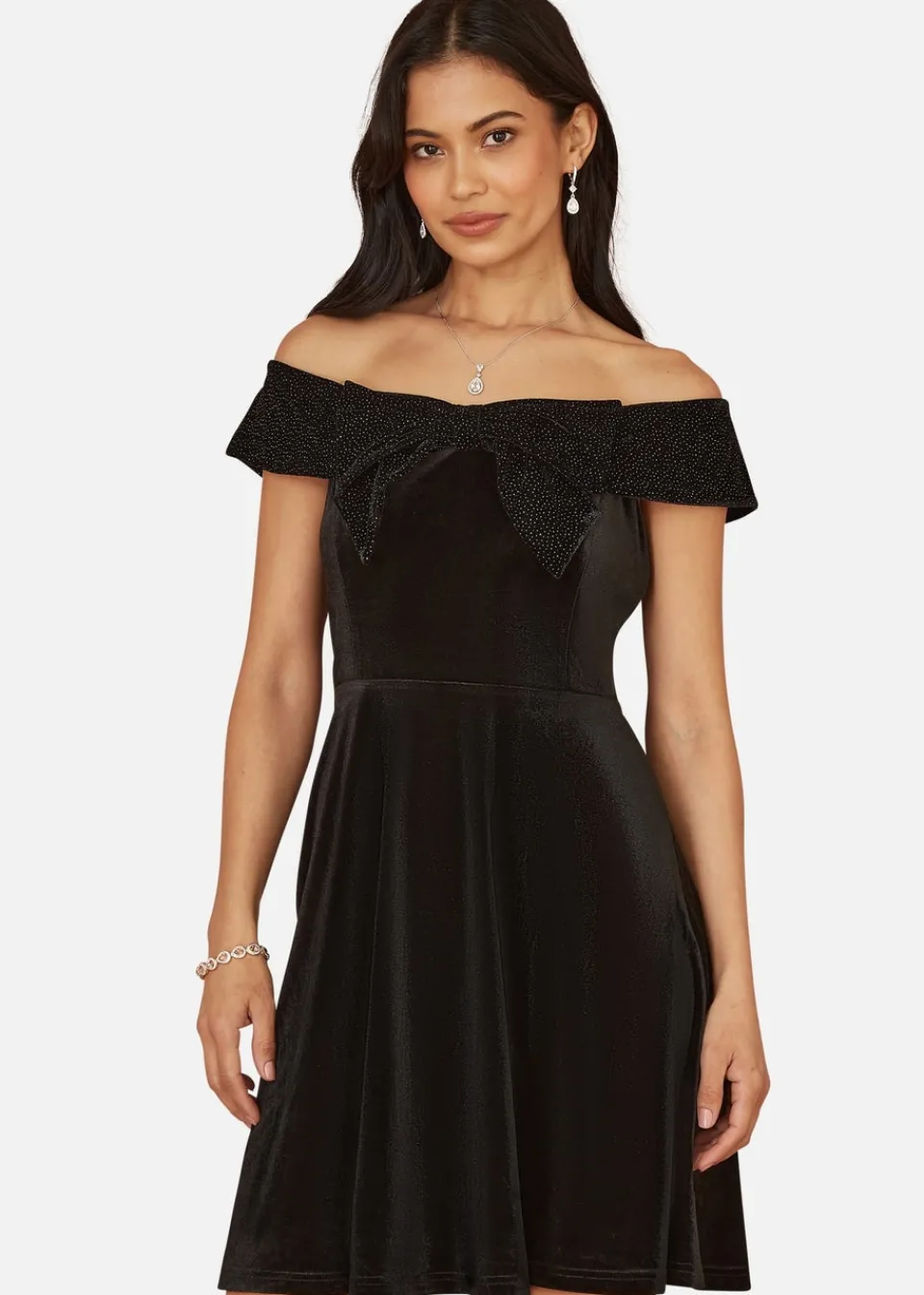 Dresses>Mela Black Velvet Skater Dress With Sparkle Bow Neckline