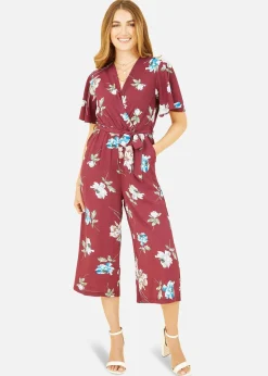 Jumpsuits & Playsuits>Mela Burgundy Floral Print Jumpsuit With Angel Sleeves