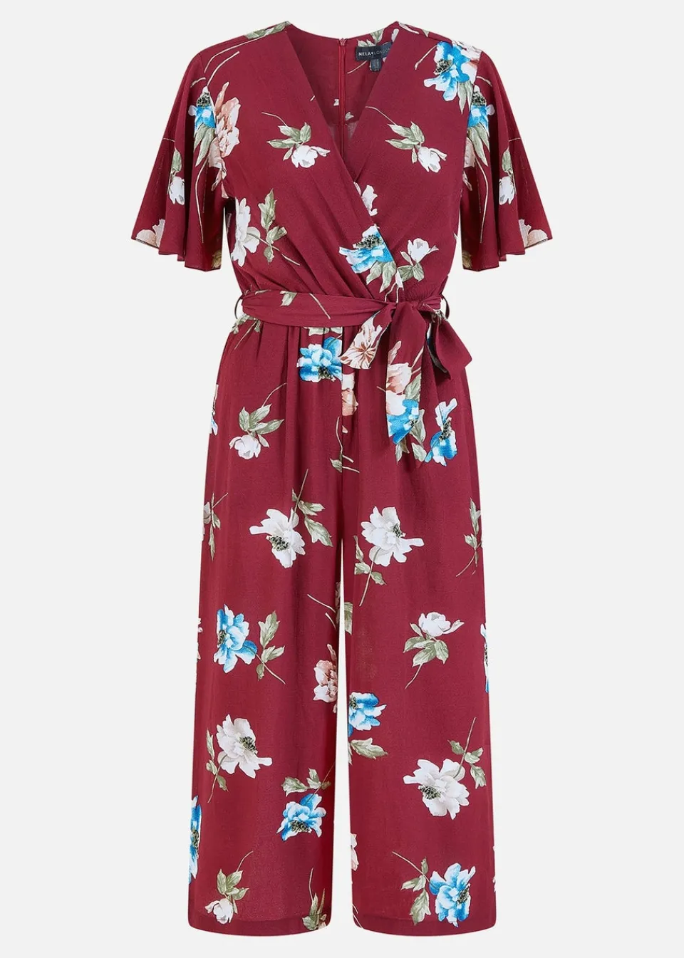 Jumpsuits & Playsuits>Mela Burgundy Floral Print Jumpsuit With Angel Sleeves
