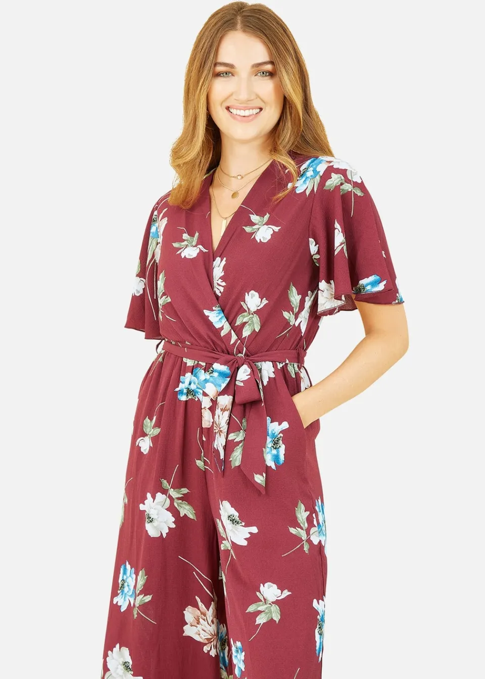 Jumpsuits & Playsuits>Mela Burgundy Floral Print Jumpsuit With Angel Sleeves