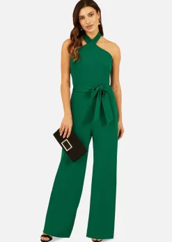 Jumpsuits & Playsuits>Mela Green Cross Over Halter Neck Jumpsuit