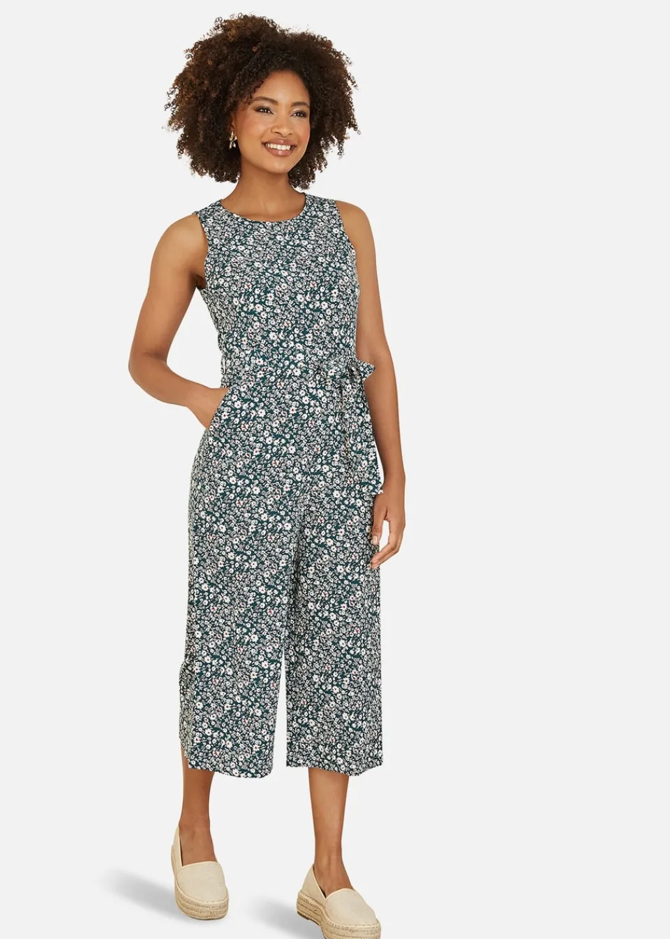 Jumpsuits & Playsuits>Mela Green Ditsy Print Culotte Jumpsuit