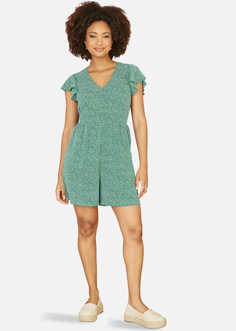 Jumpsuits & Playsuits>Mela Green Ditsy Print V Neck Playsuit