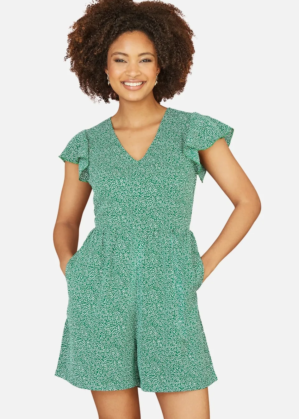 Jumpsuits & Playsuits>Mela Green Ditsy Print V Neck Playsuit