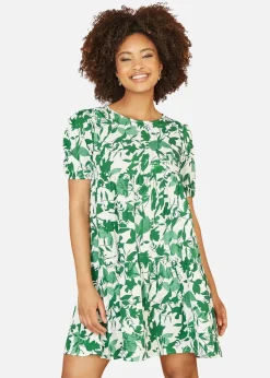 Dresses>Mela Green Leaf Print Tunic Skater Dress