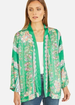 Coats & Jackets>Mela Green Paisley Print Satin Kimono
