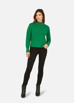 Tops>Mela Green Pearl Detail High Neck Jumper