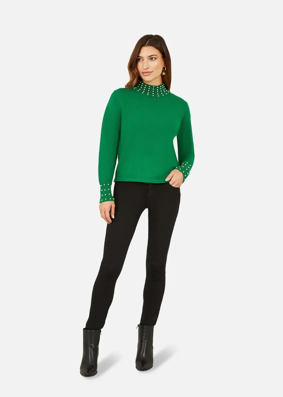 Tops>Mela Green Pearl Detail High Neck Jumper