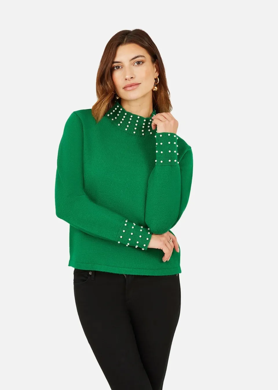 Tops>Mela Green Pearl Detail High Neck Jumper
