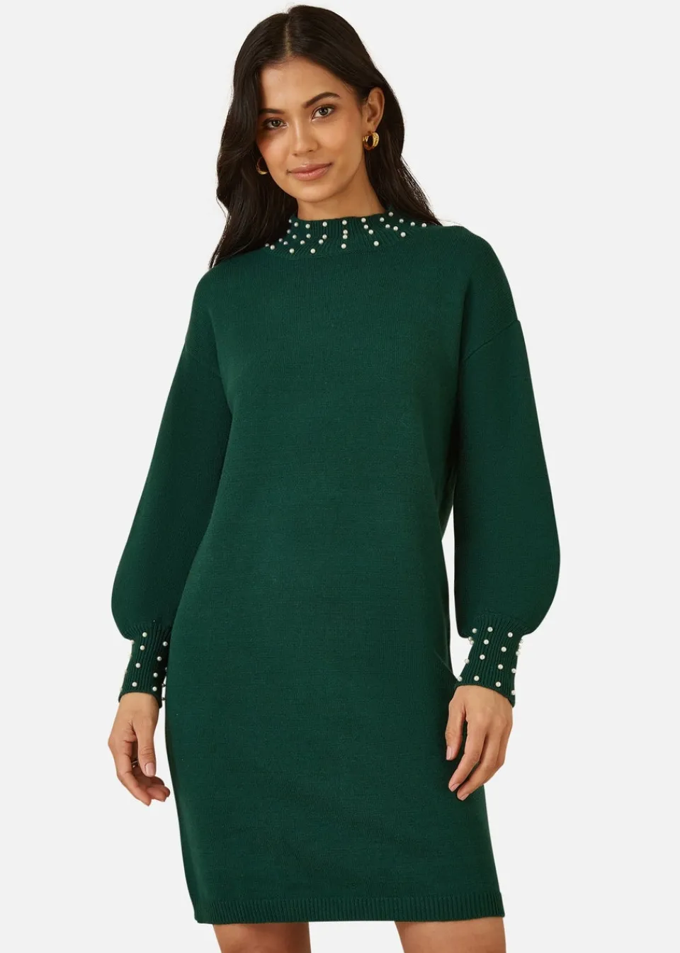 Dresses>Mela Green Pearl Detail Knitted Relaxed Jumper Dress