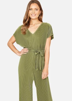 Jumpsuits & Playsuits>Mela Green Pleated Jumpsuit With V Neck