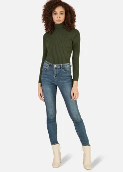 Tops>Mela Ribbed Knit Roll Neck Jumper Green