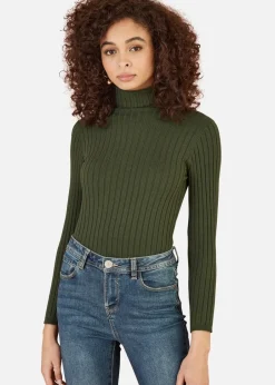 Tops>Mela Ribbed Knit Roll Neck Jumper Green