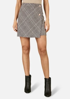 Skirts>Mela Grey Checked Wrap Mini Skirt With Button Detail