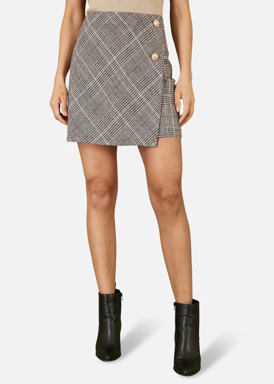 Skirts>Mela Grey Checked Wrap Mini Skirt With Button Detail