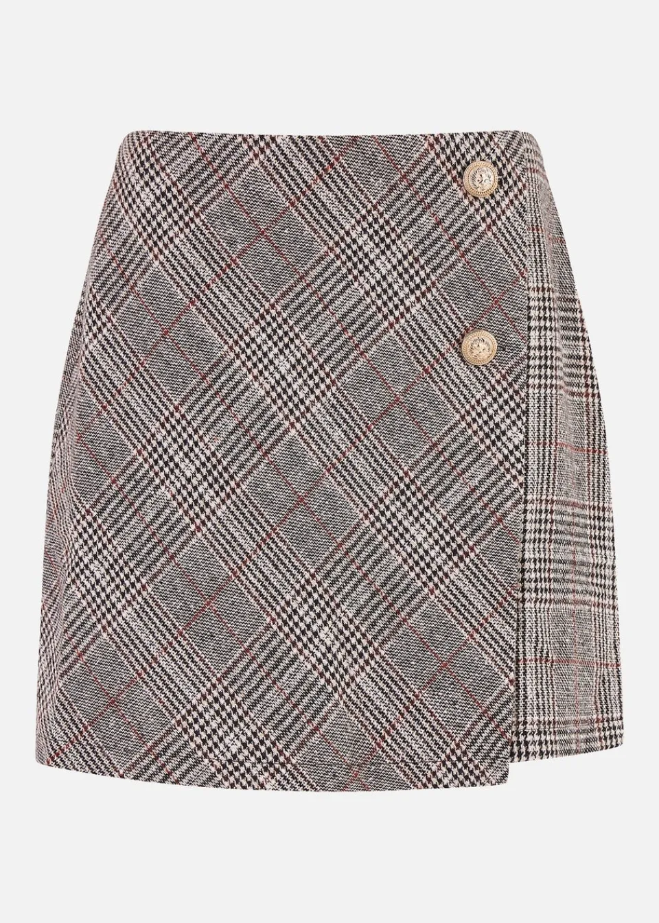 Skirts>Mela Grey Checked Wrap Mini Skirt With Button Detail