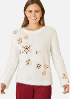 Tops>Mela Ivory Sequin Snowflake Fluffy Jumper