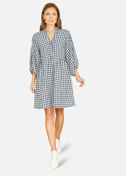 Dresses>Mela Navy Cotton Checked Button Through Tunic Dress