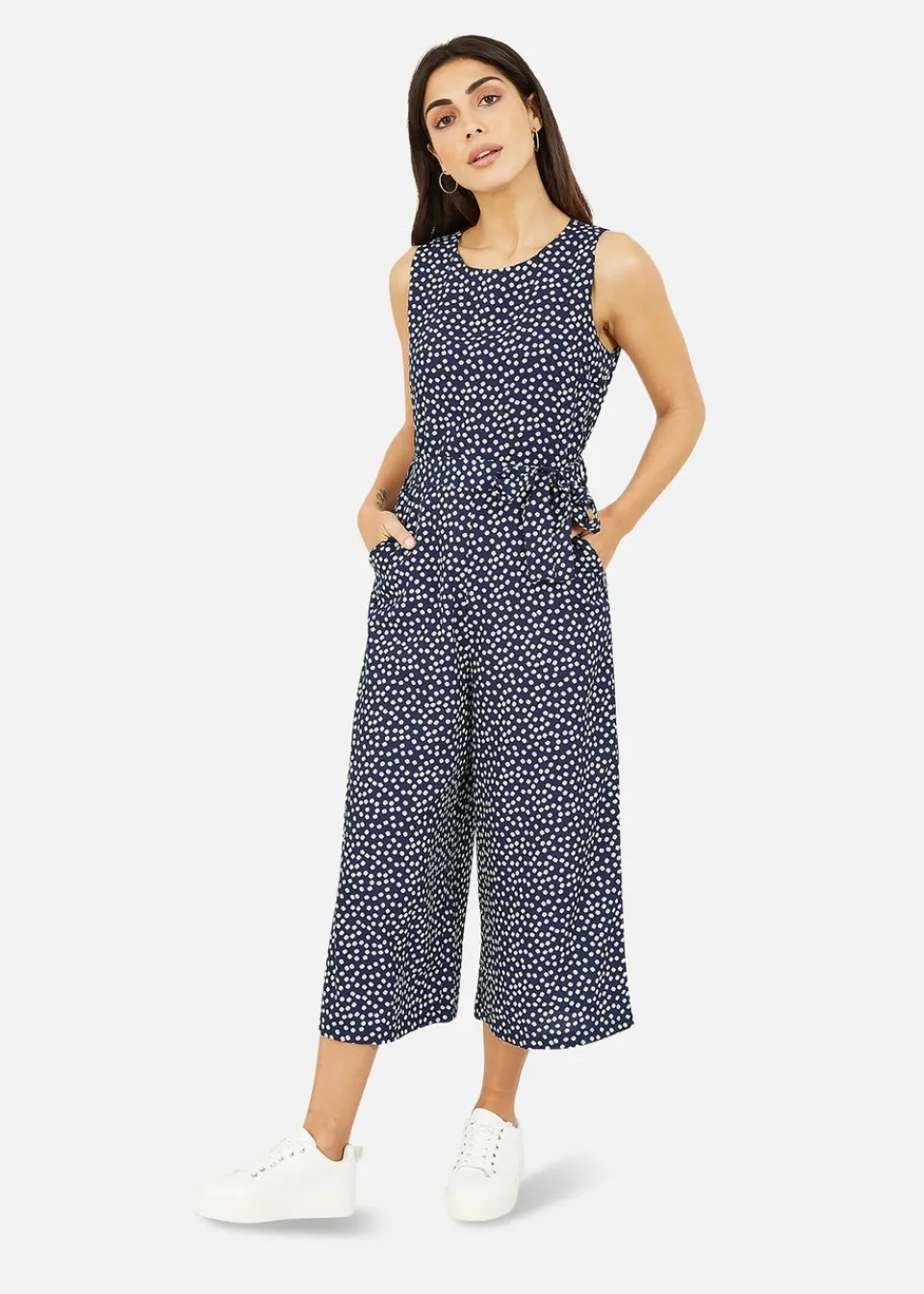 Jumpsuits & Playsuits>Mela Navy Ditsy Daisy Sleeveless Culotte Jumpsuit