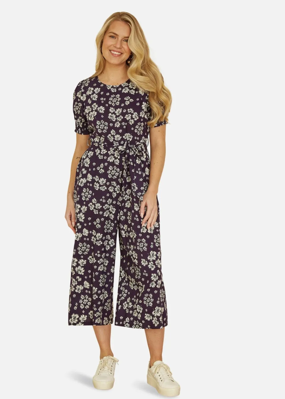 Jumpsuits & Playsuits>Mela Navy Floral Jumpsuit With Ruched Sleeves