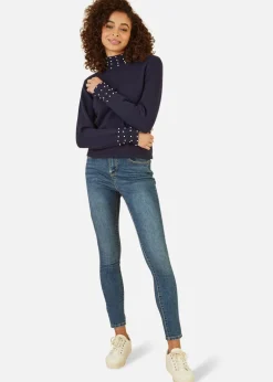 Tops>Mela Navy Pearl Detail High Neck Jumper