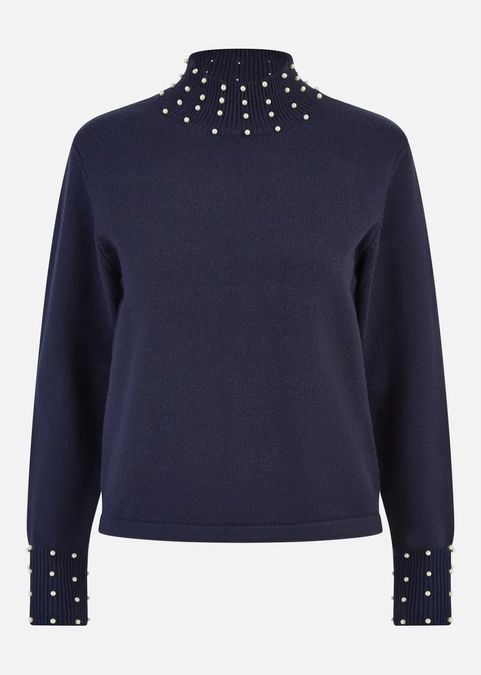 Tops>Mela Navy Pearl Detail High Neck Jumper