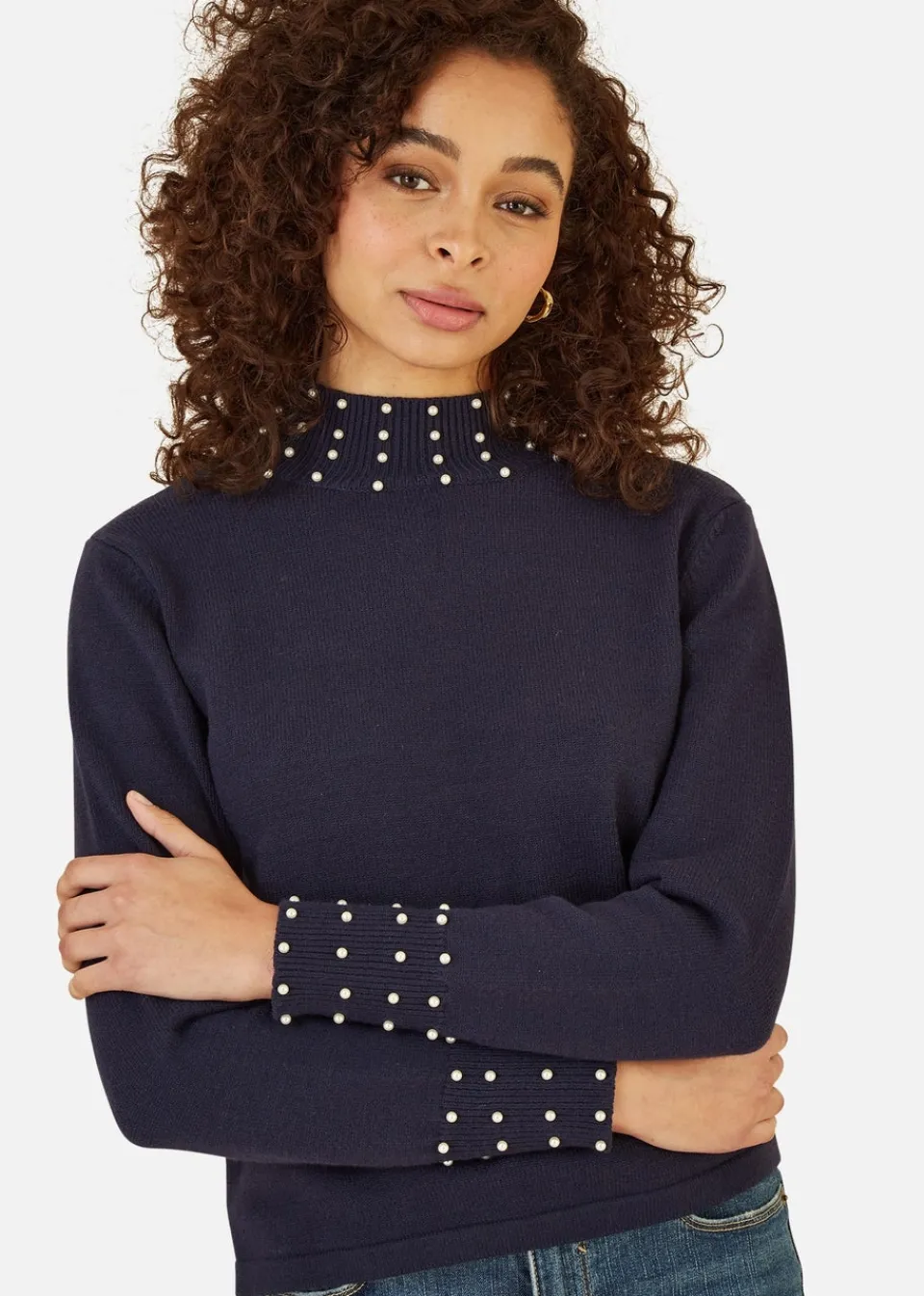 Tops>Mela Navy Pearl Detail High Neck Jumper
