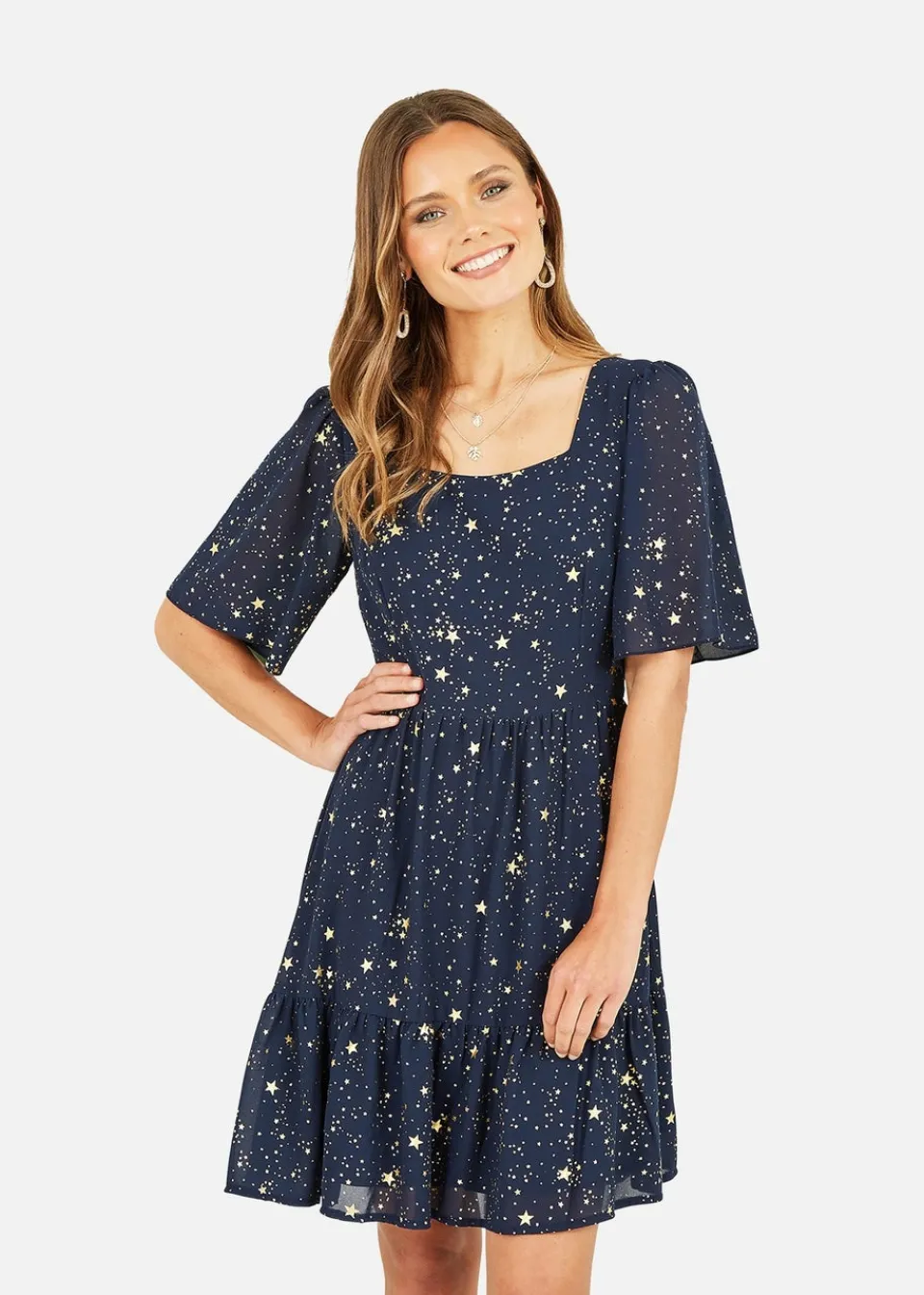 Dresses>Mela Navy Star Print Skater Dress