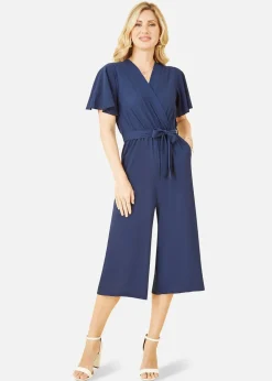 Jumpsuits & Playsuits>Mela Wrap Over Jumpsuit With Angel Sleeves Navy