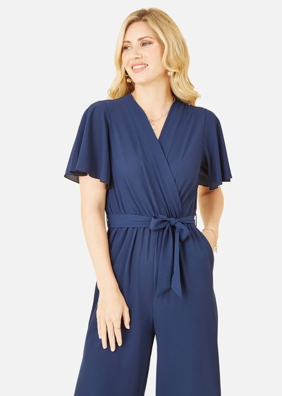Jumpsuits & Playsuits>Mela Wrap Over Jumpsuit With Angel Sleeves Navy
