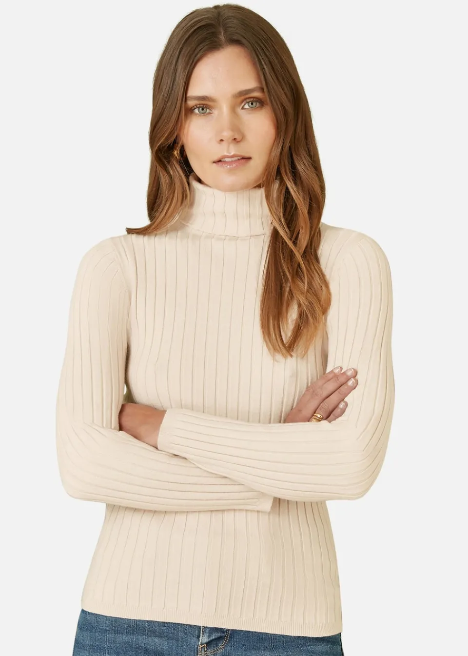 Tops>Mela Oatmeal Ribbed Knit Roll Neck Jumper
