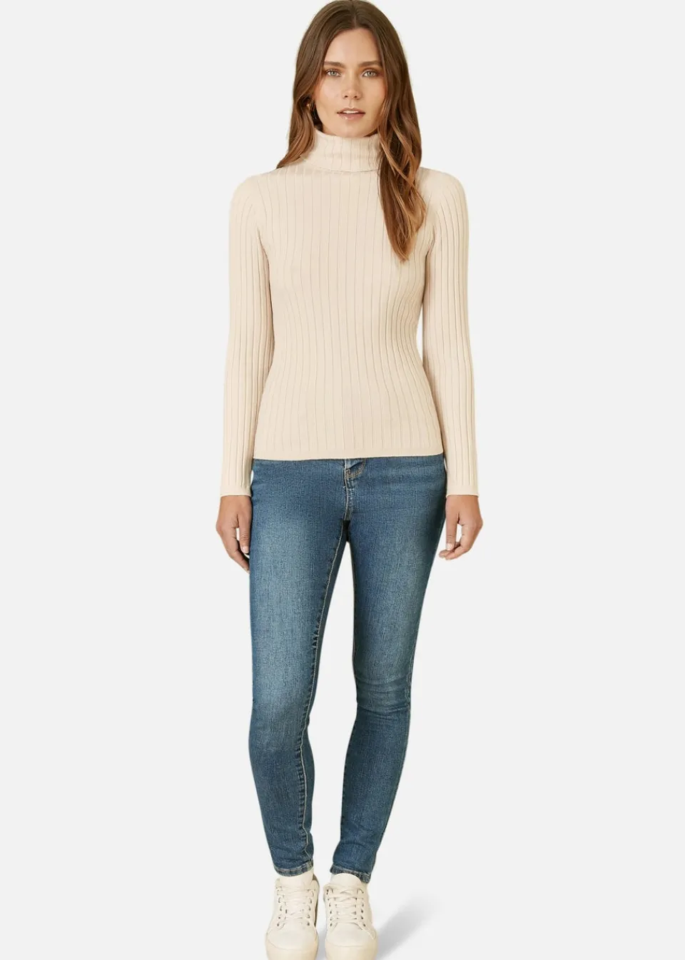 Tops>Mela Oatmeal Ribbed Knit Roll Neck Jumper