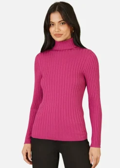 Tops>Mela Ribbed Knit Roll Neck Jumper Pink