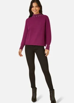 Tops>Mela Plum Pearl Detail High Neck Jumper