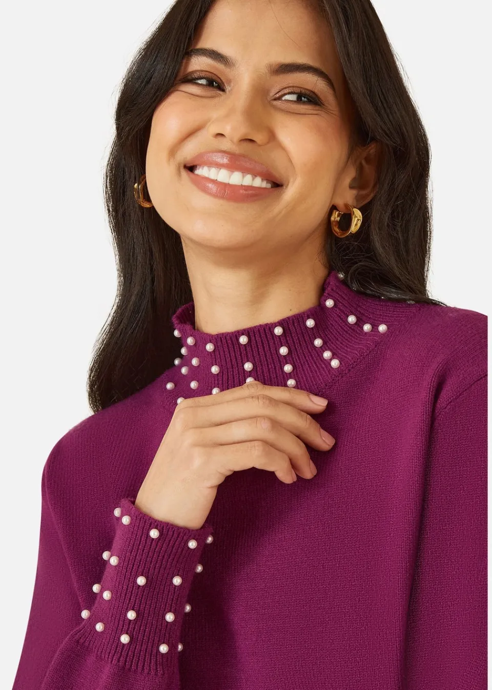 Tops>Mela Plum Pearl Detail High Neck Jumper